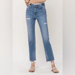 Flying Monkey High Rise Straight Ankle Distressed Raw Hem Jeans  | Size:  27